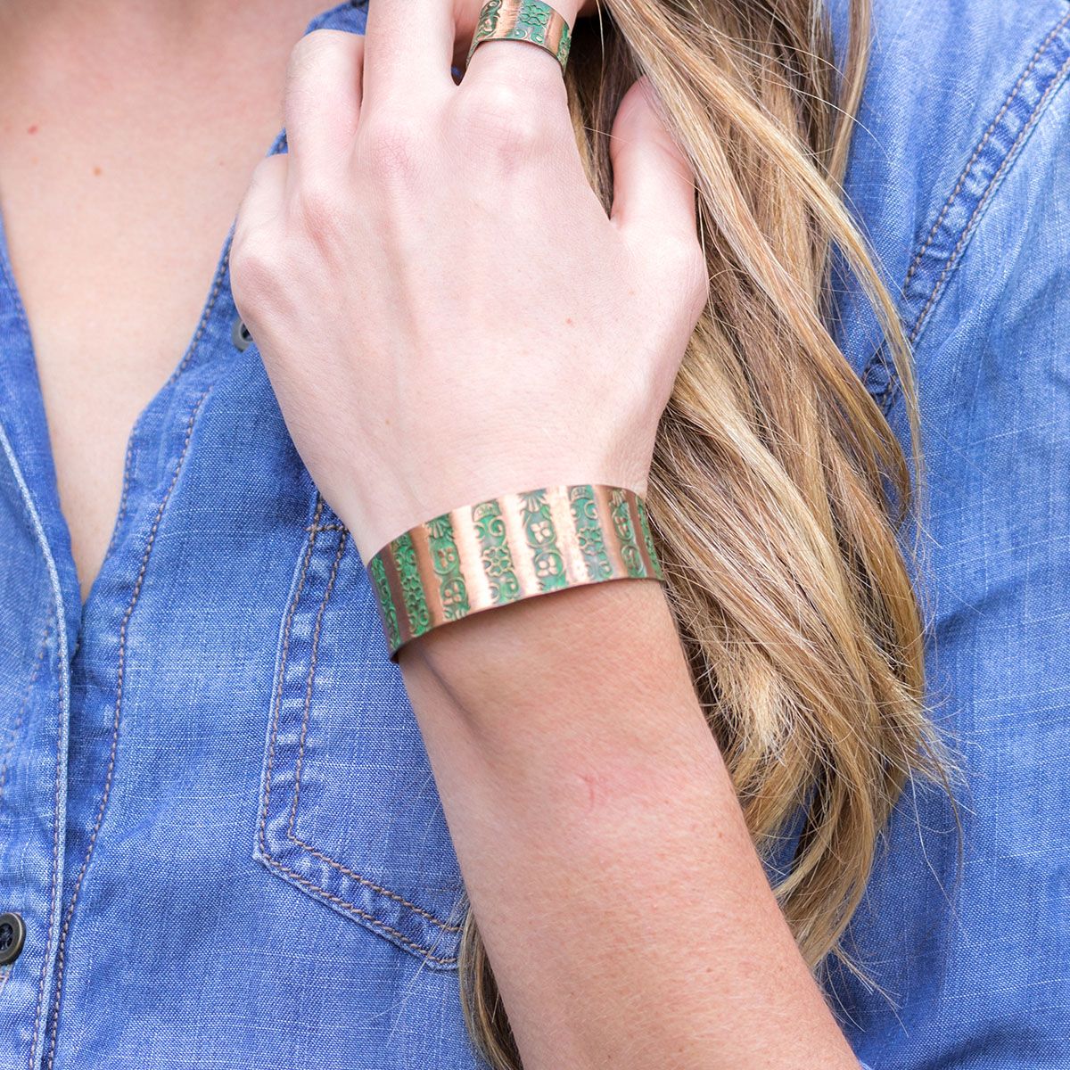 Copper Patina Bracelet - Green Floral Stripes