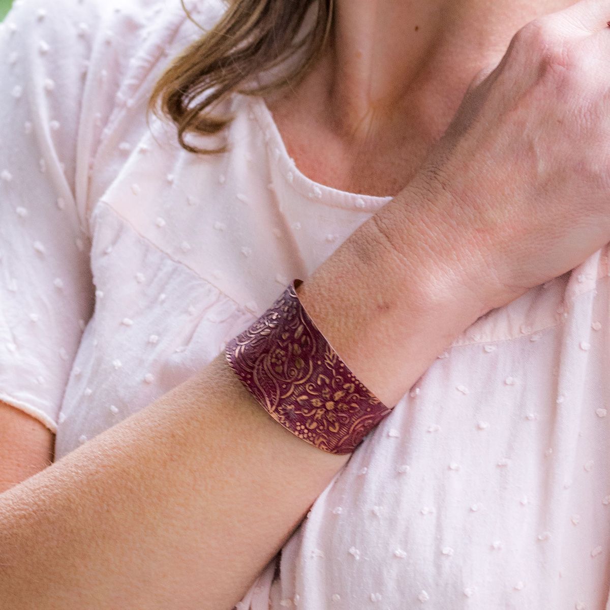 Copper Patina Bracelet - Red Botanical Print