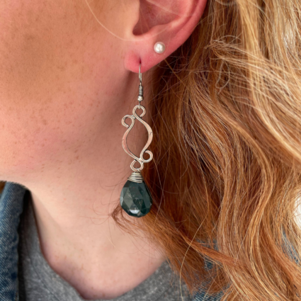 Silver Plated Earrings - Curved Lines and Moss Agate
