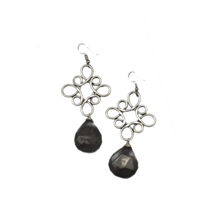 Silver Plated Earrings - Curly Square and Grey Agate