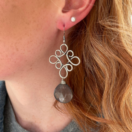 Silver Plated Earrings - Curly Square and Grey Agate