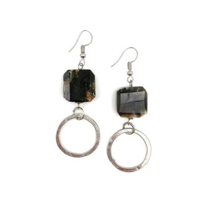Silver-Plated Long Earrings With Dendritic Opal Stones