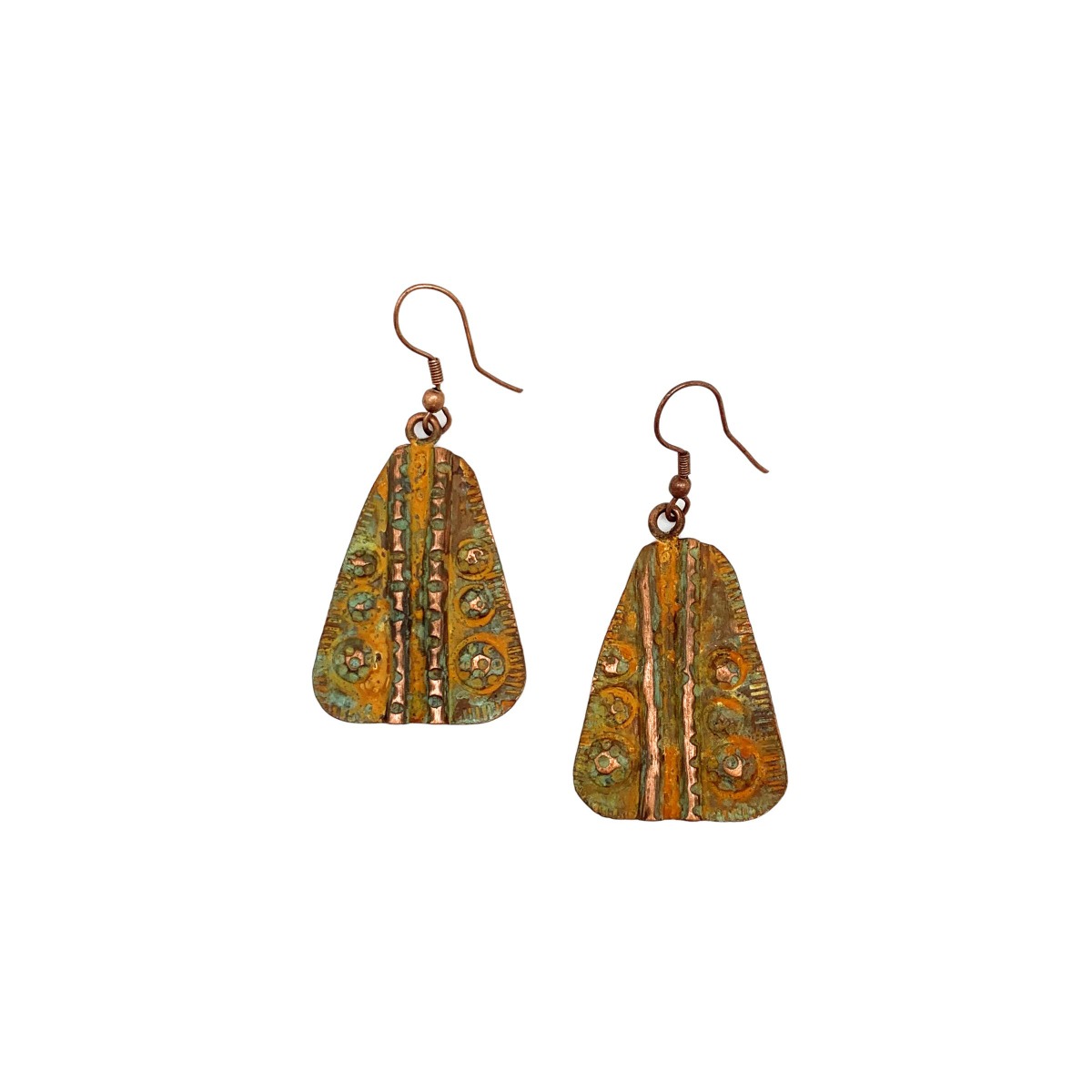 Copper Patina Earrings - Chartreuse Band and Circles