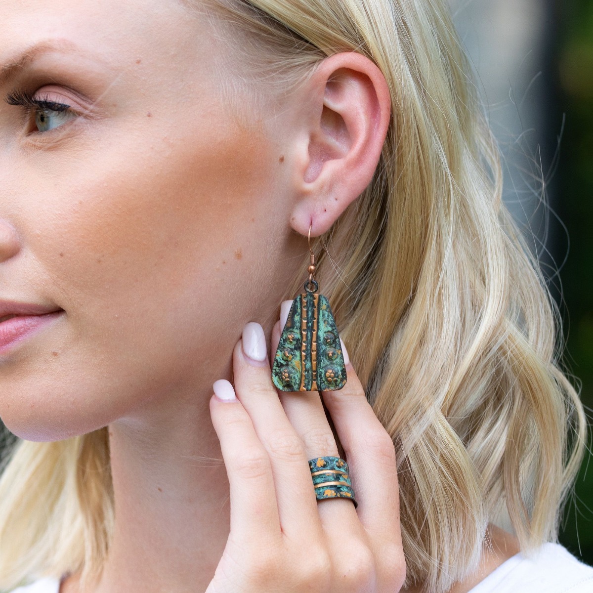 Copper Patina Earrings - Chartreuse Band and Circles