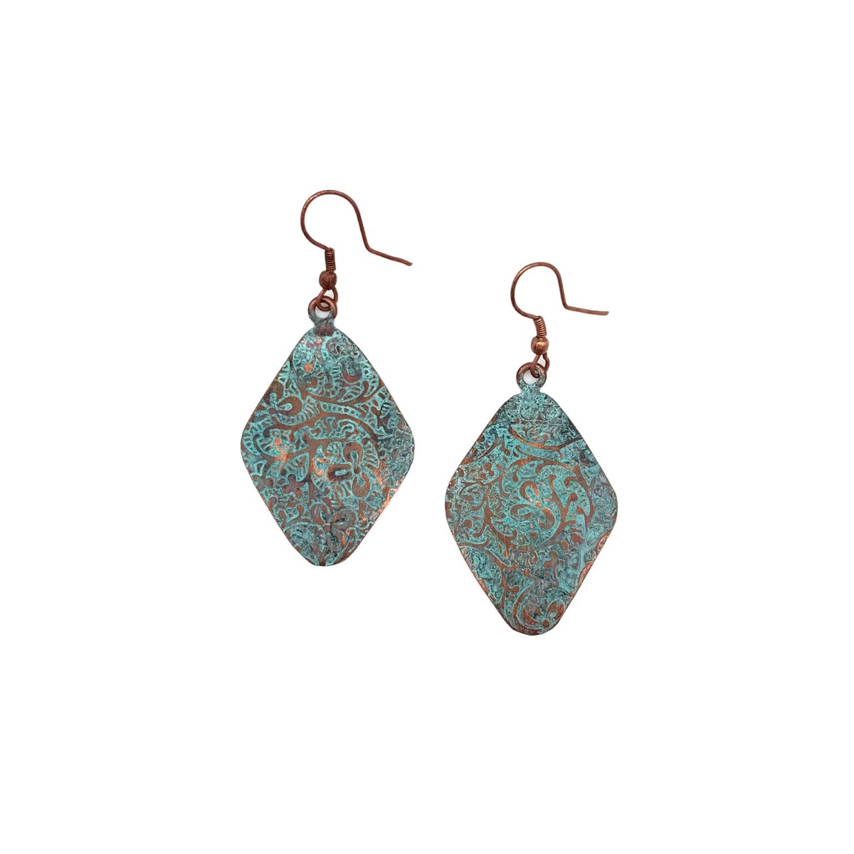 Copper Patina Earrings - Aqua Floral Paisley Diamond