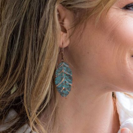 Copper Patina Earrings - Teal Leaf