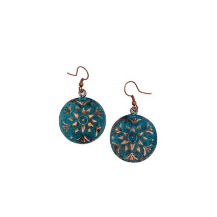 Copper Patina Earrings - Teal Sun Flower Circle