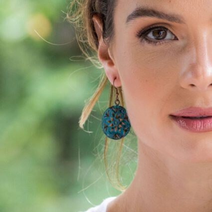 Copper Patina Earrings - Teal Sun Flower Circle