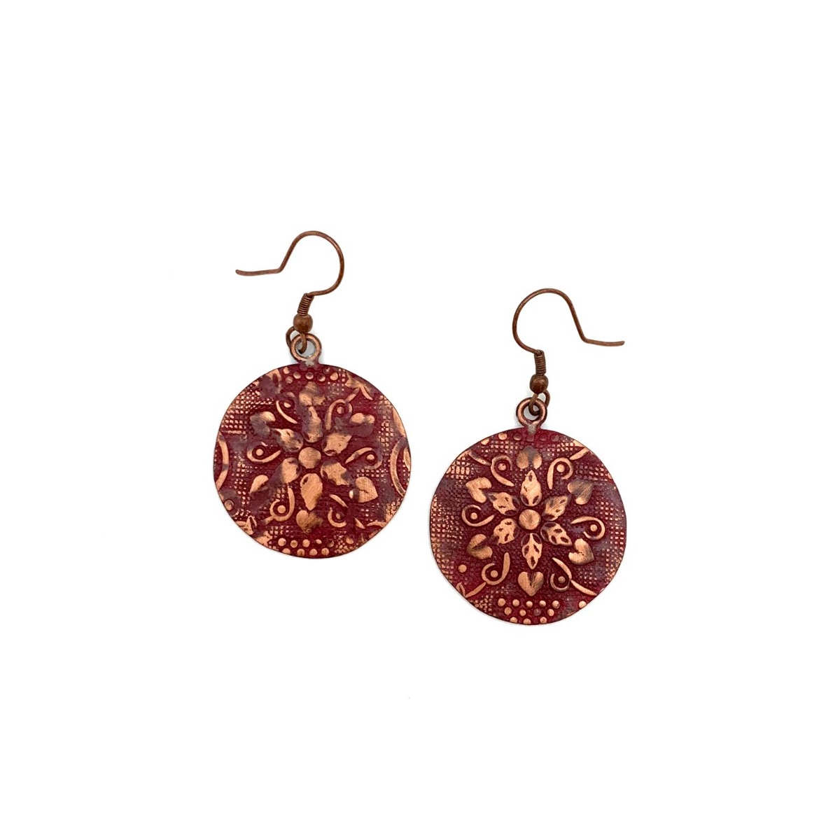 Copper Patina Earrings - Red Botanical Print Circles