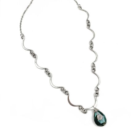 Silver Plated Necklace - Curved Lines and Moss Agate