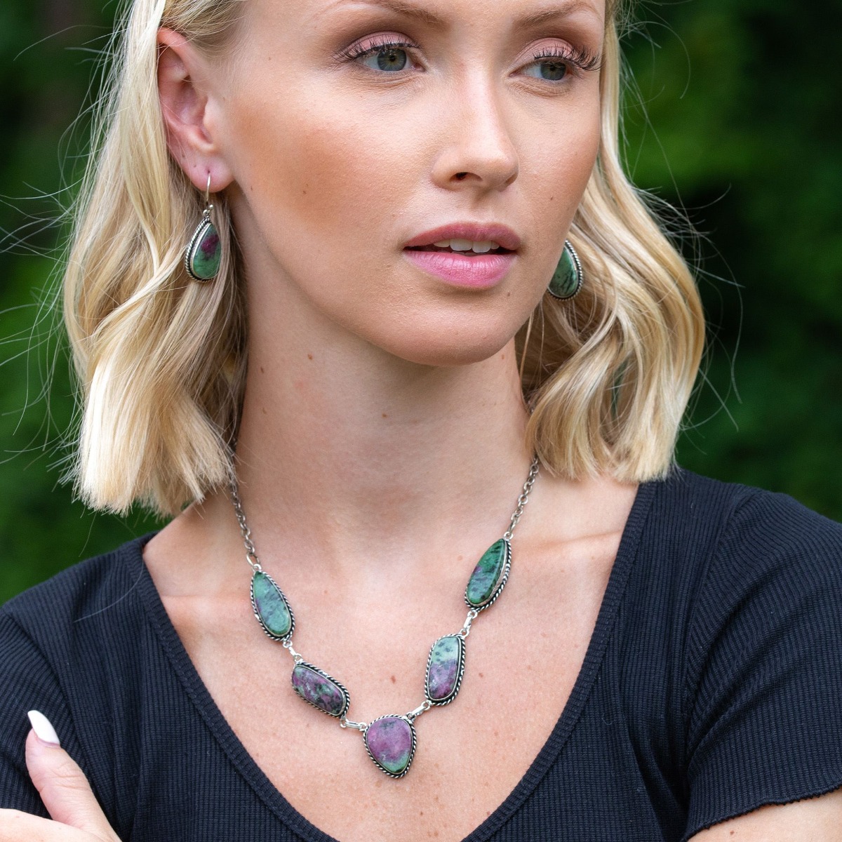 Kashi Semiprecious Stone Bib Necklace - Ruby Zoisite