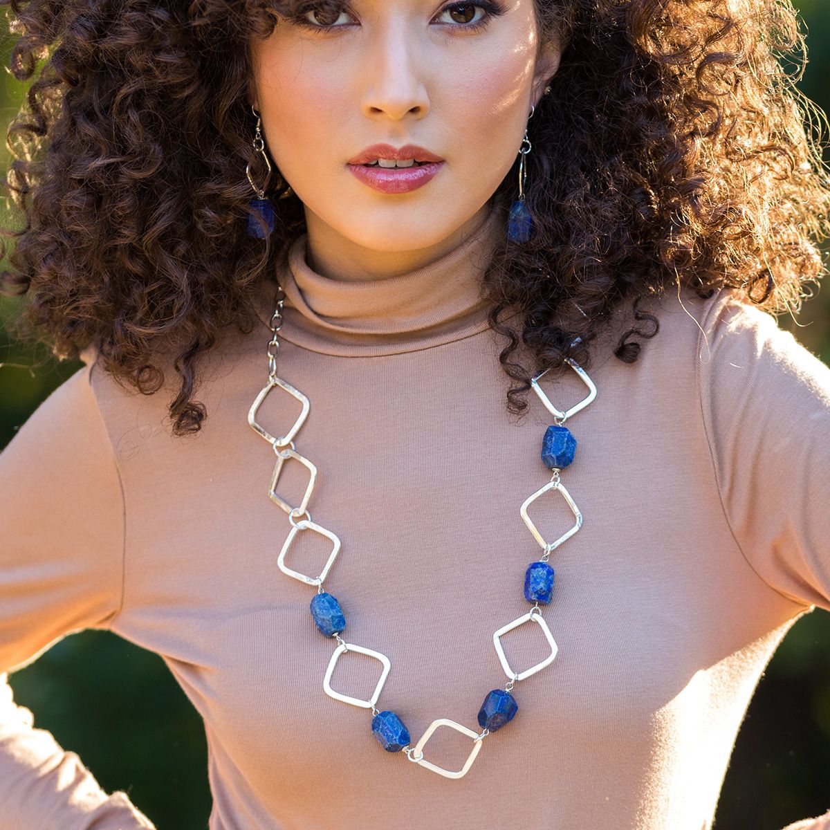 Silver-Plated Long Necklace With Lapis Stones