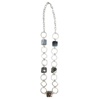 Silver-Plated Long Necklace With Dendritic Opal Stones