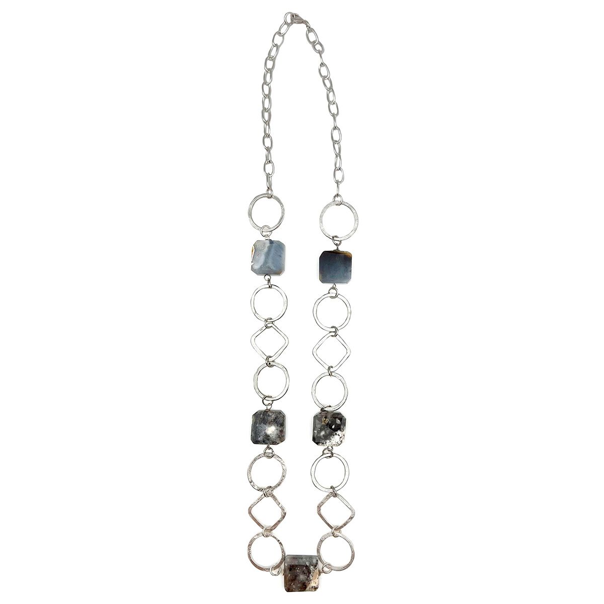 Silver-Plated Long Necklace With Dendritic Opal Stones