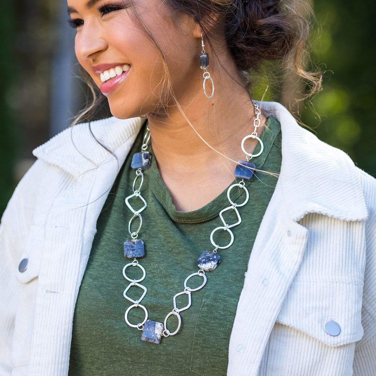 Silver-Plated Long Necklace With Dendritic Opal Stones