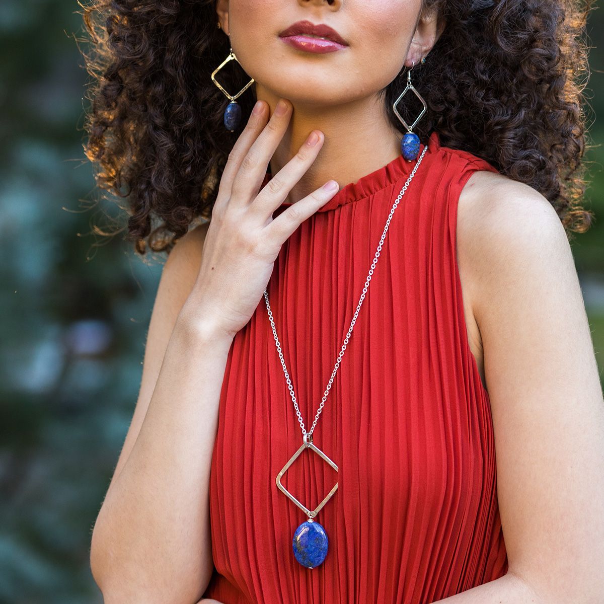 Silver Plated Geometric Necklace - Lapis