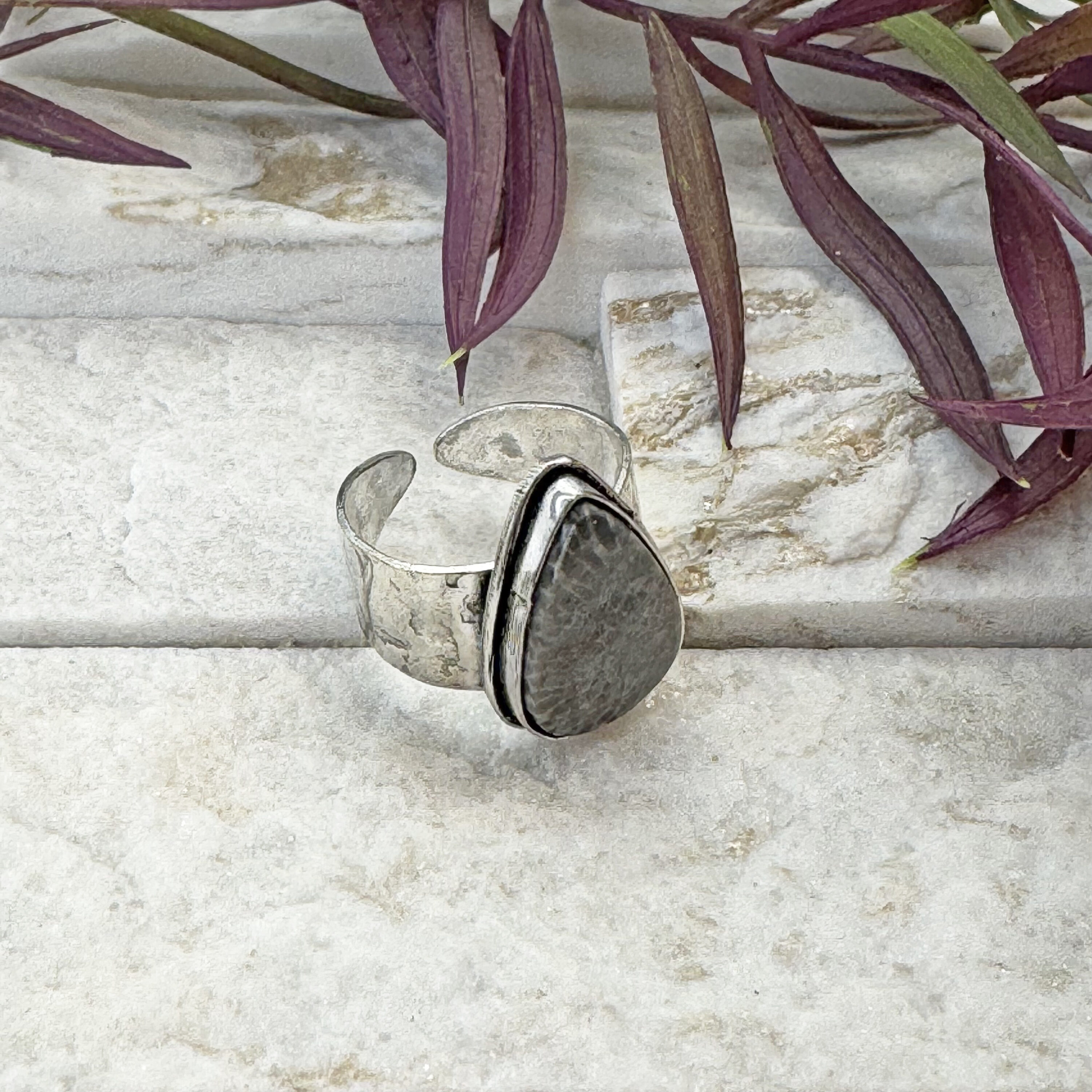 Kashi Semiprecious Stone Ring - Black Fossil Coral