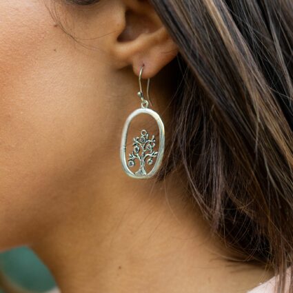Tanvi Silver Rustic Tree in Open Oval Frame Earrings