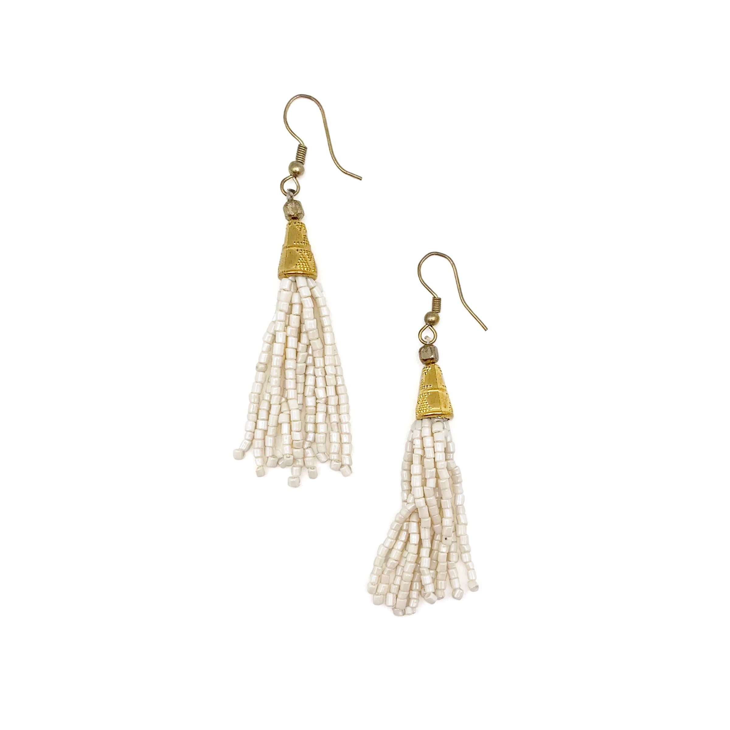 Sachi Island Waterfalls Earrings - White Solid Tassel