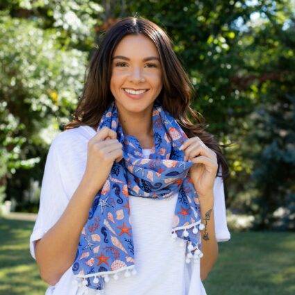 Block Printed Cotton Scarf - Seahorses, Shells, Coral Print