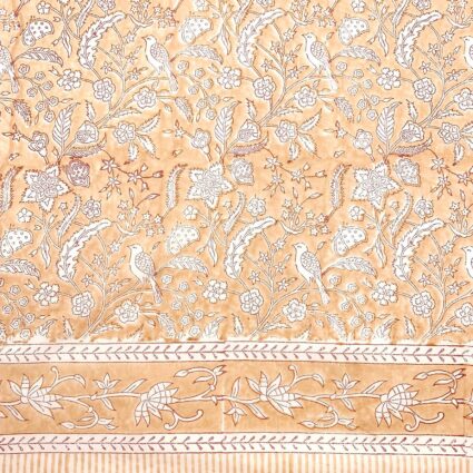 Block Printed Cotton Scarf - Peach with White Birds, Leaves