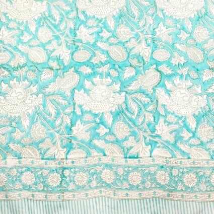 Block Printed Cotton Scarf - Aqua with White Paisley Flowers