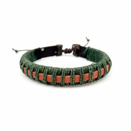 Aadi Tan Leather Green Cord Wrapped Pull Tie Bracelet