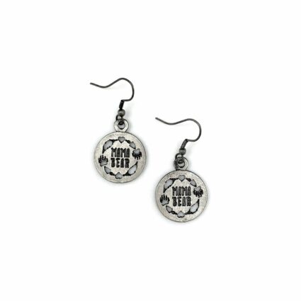 Pewter Earrings - Mama Bear Text with Paws, Leaves, Hearts