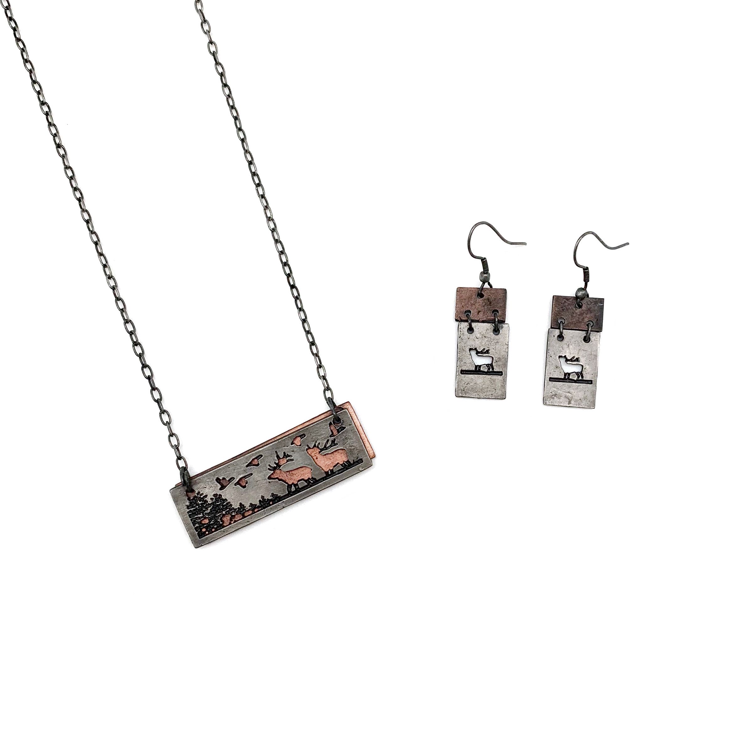 Pewter Earrings - Elk in Rectangle Looking Up