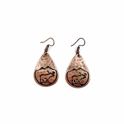 Moose With Mountains Copper Engraved Earrings