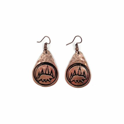 Bear with Pine Trees in Circle Copper Engraved Earrings