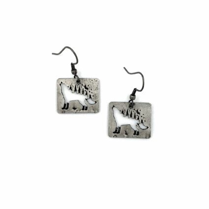 Pewter Earrings - Howling Wolf with Trees on Back