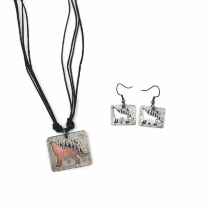 Pewter Earrings - Howling Wolf with Trees on Back