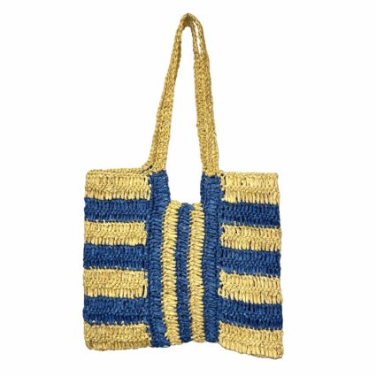 Natural Raffia With Blue Stripes Handmade Tote Bag