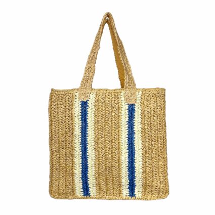 Blue Stripe Large Structured Natural Raffia Tote