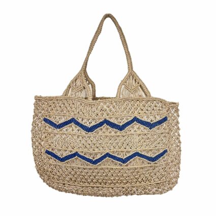 Macrame Jute Tan and Navy Blue Chevron Tote Bag
