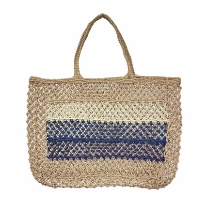 Navy and Tan Horizontal Stripe Macrame Jute Tote Bag