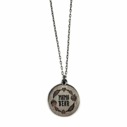 Pewter Necklace - Mama Bear Text with Paws, Leaves, Hearts