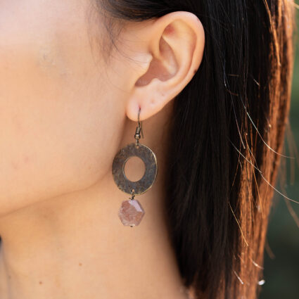 Banjara Collection Earrings - Strawberry Quartz, Brass Rings