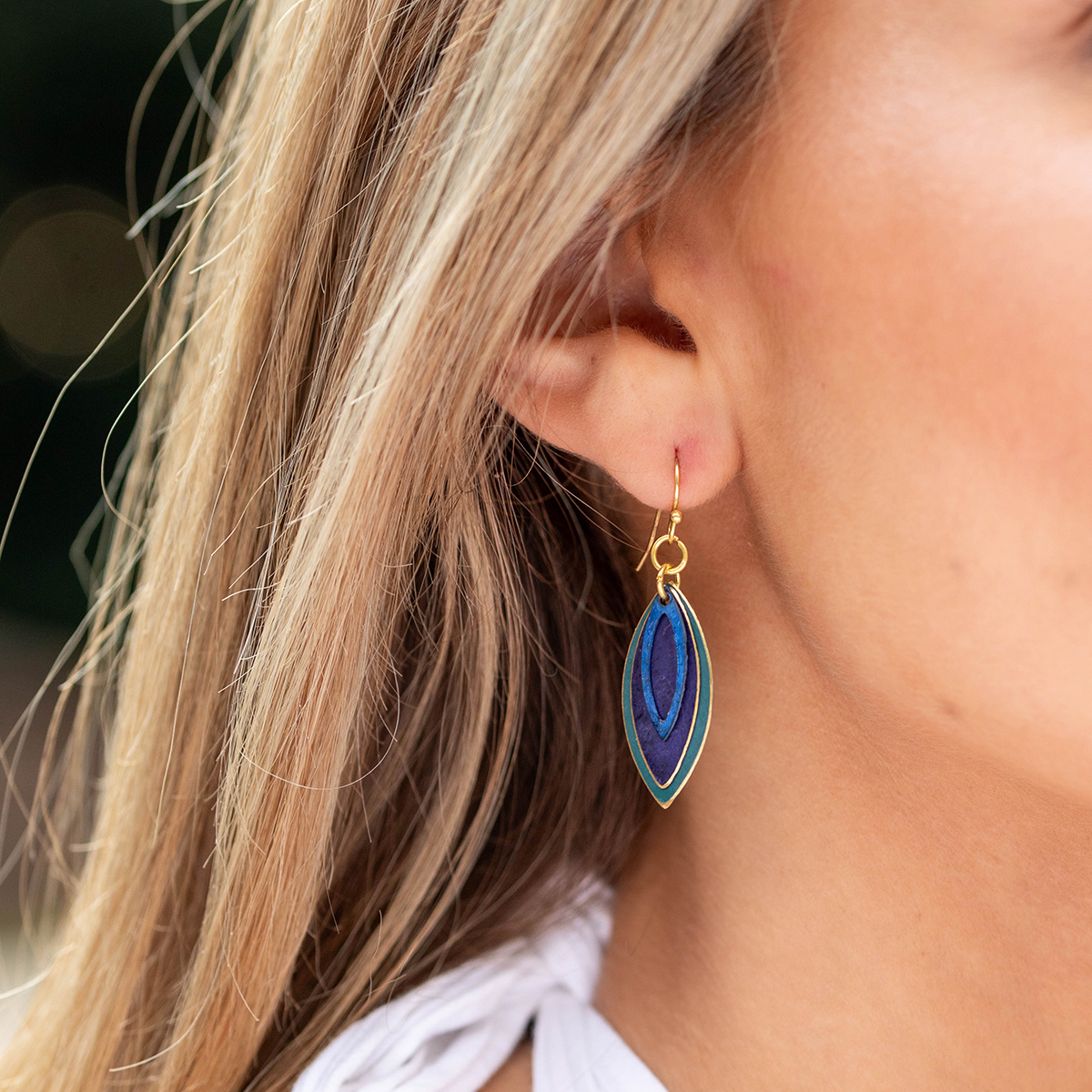 Brass Patina Earrings - Purple and Blue Layered Teardrop