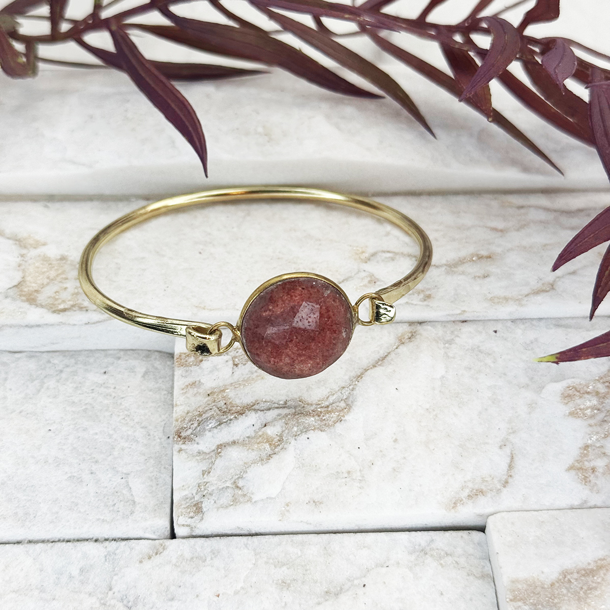Gold Plated Bracelet with Semi-Precious Stone - Strawberry Quartz