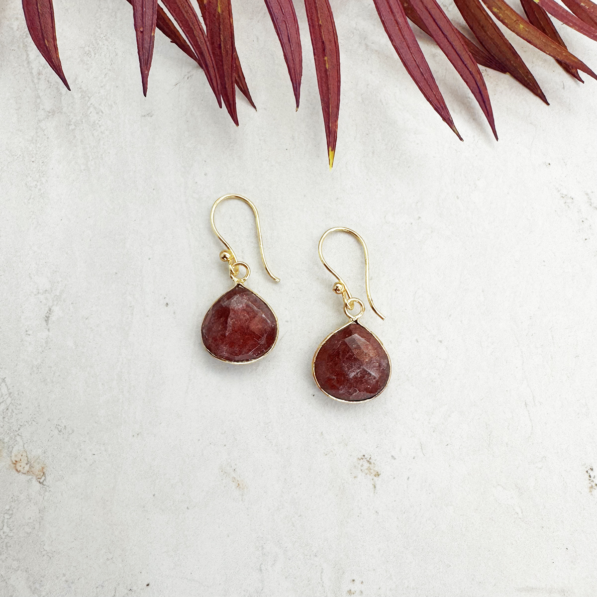 Gold Plated Earrings with Semi-Precious Stone - Strawberry Quartz