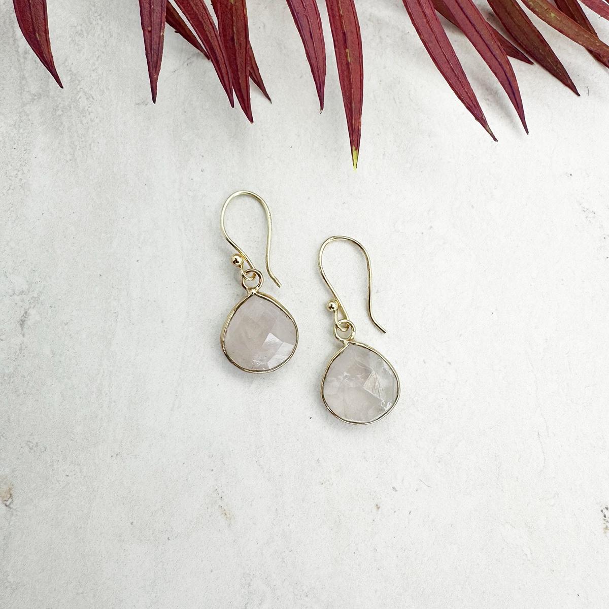 Gold Plated Earrings with Semi-Precious Stone - Rose Quartz