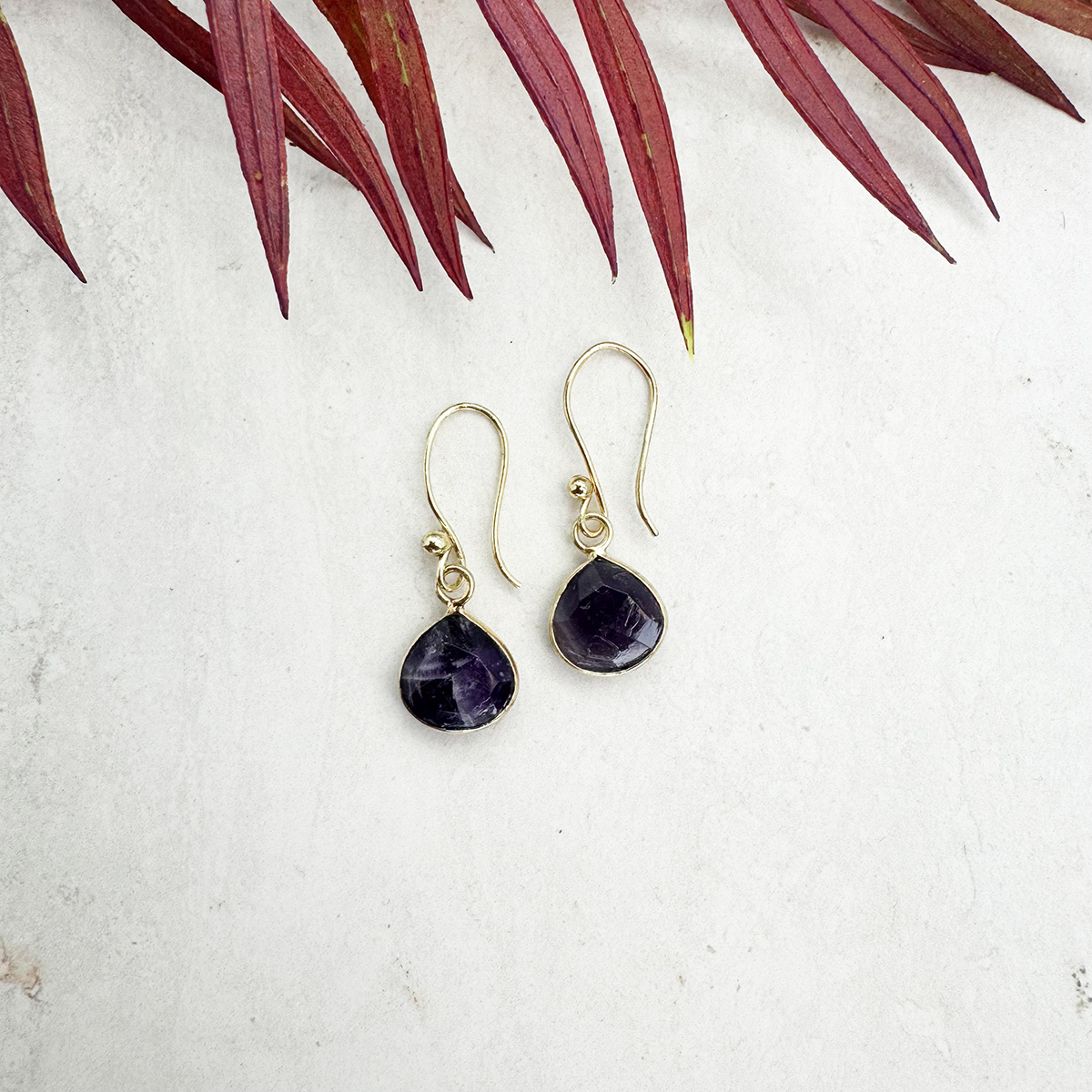 Gold Plated Earrings with Semi-Precious Stone - Amethyst