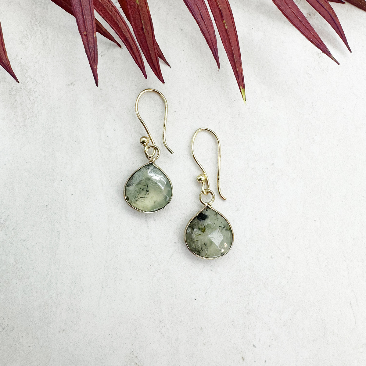 Gold Plated Earrings with Semi-Precious Stone - Prehnite