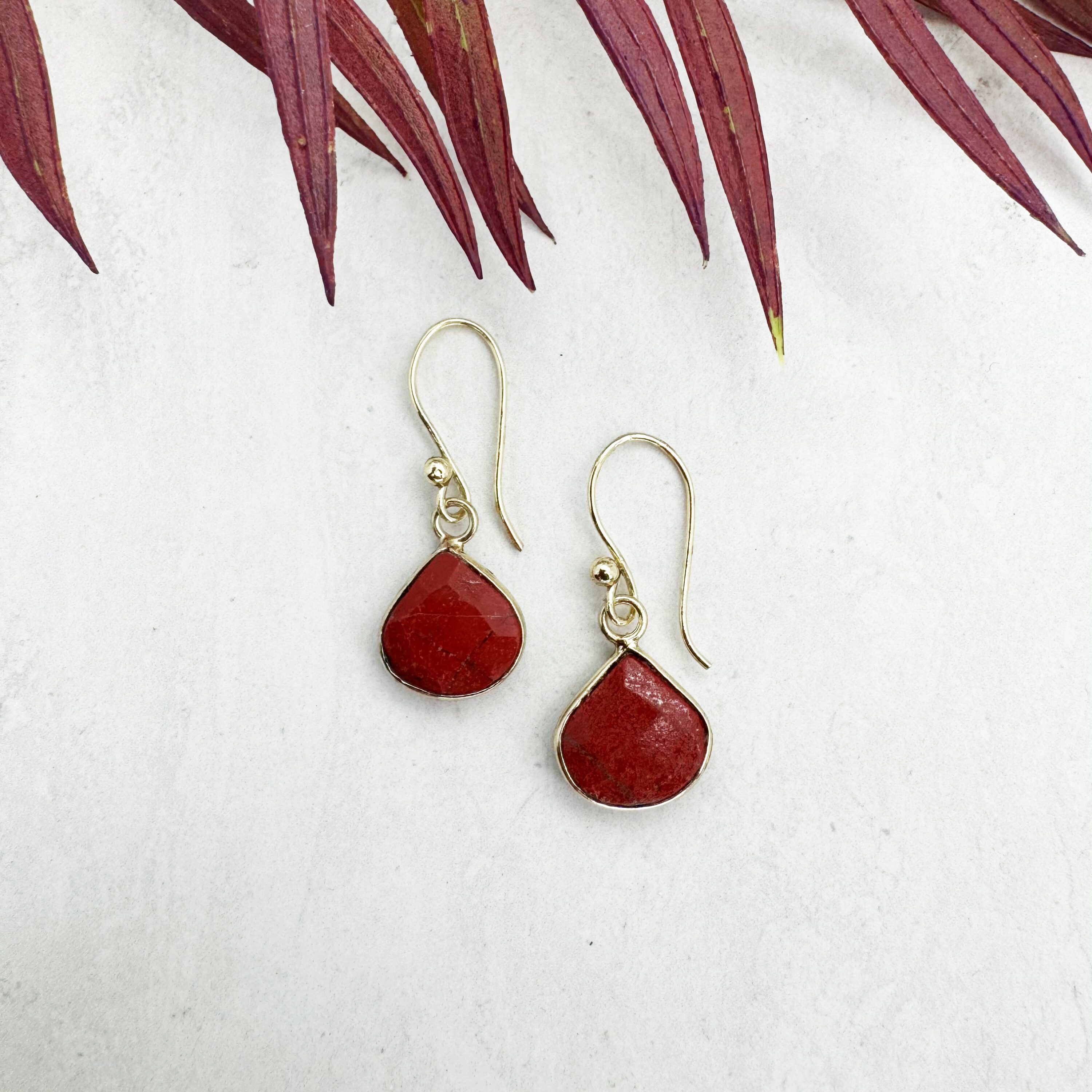 Gold Plated Earrings with Semi-Precious Stone - Red Jasper