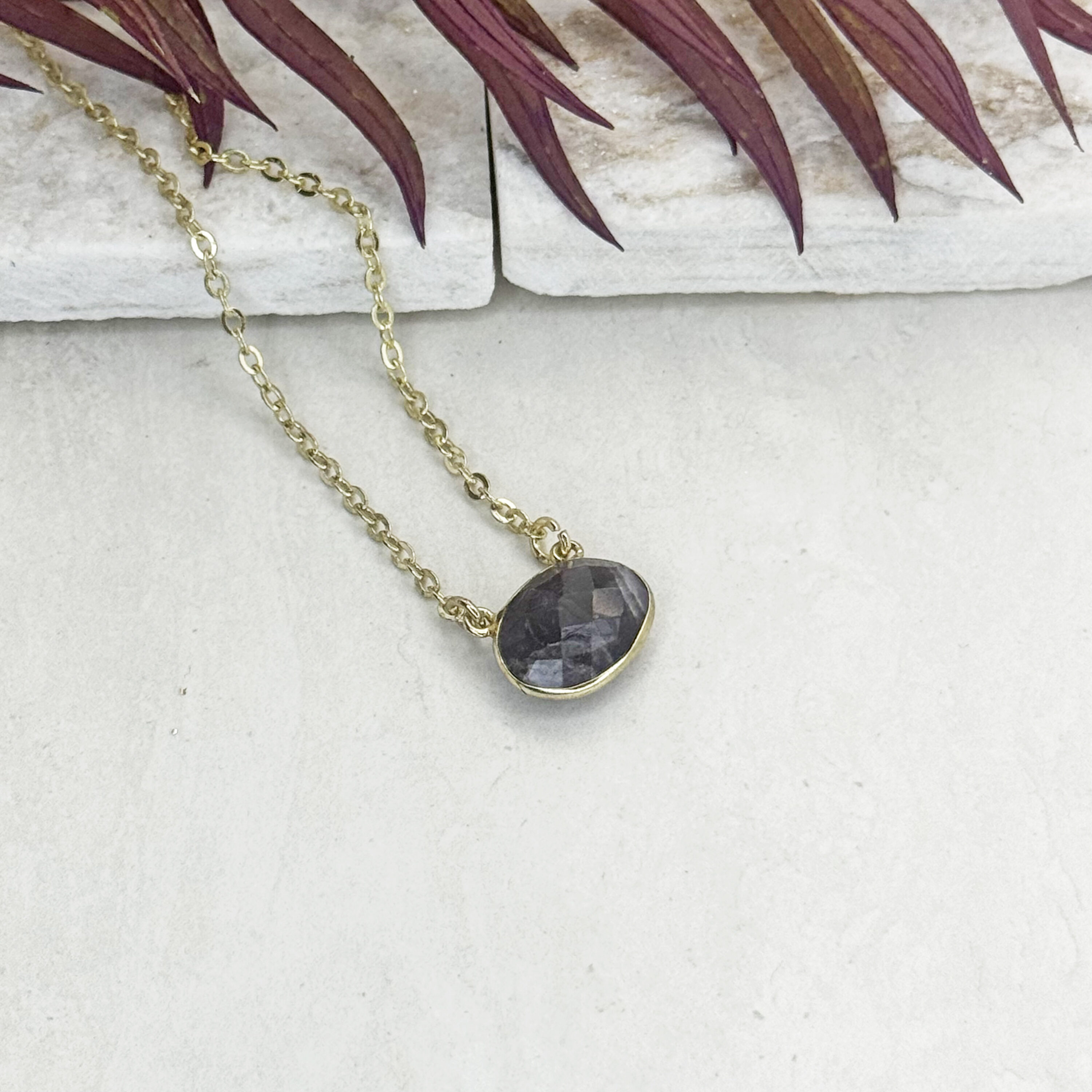 Gold Plated Necklace with Semi-Precious Stone - Amethyst