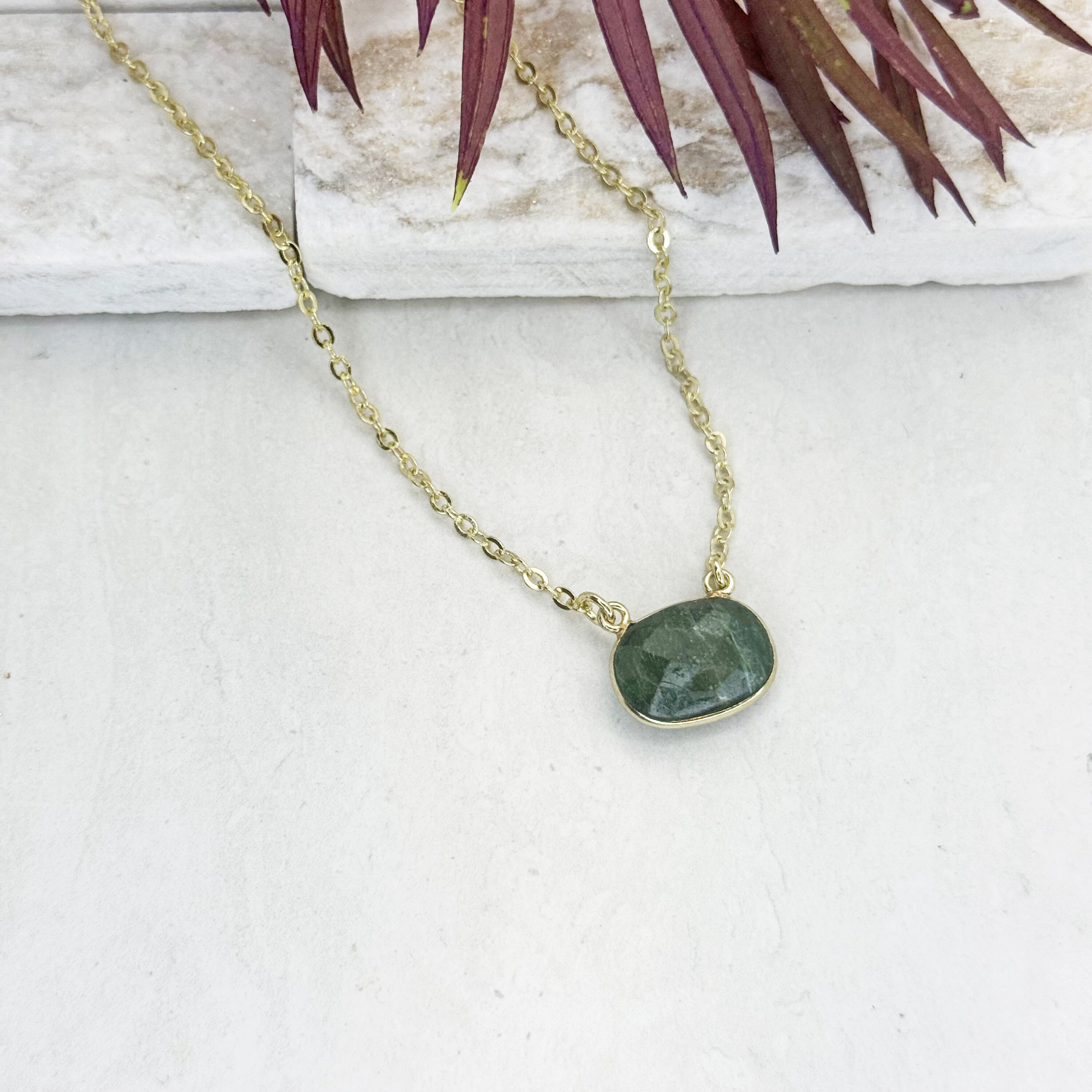 Gold Plated Necklace with Semi-Precious Stone - Mica Green