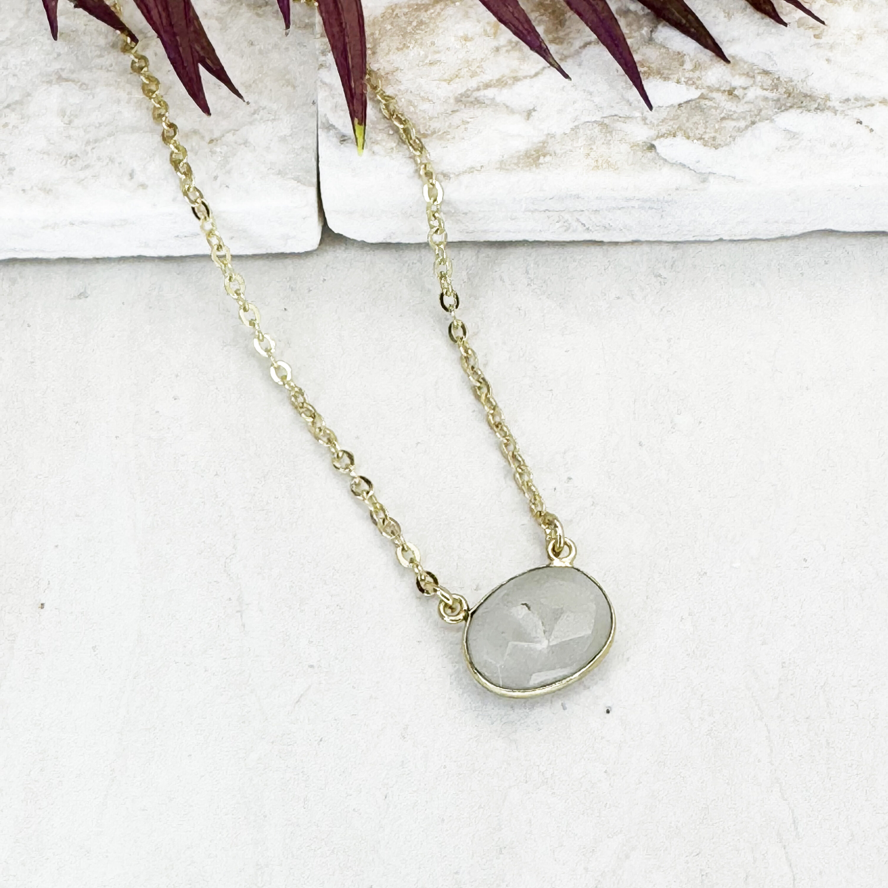 Gold Plated Necklace with Semi-Precious Stone - Moonstone