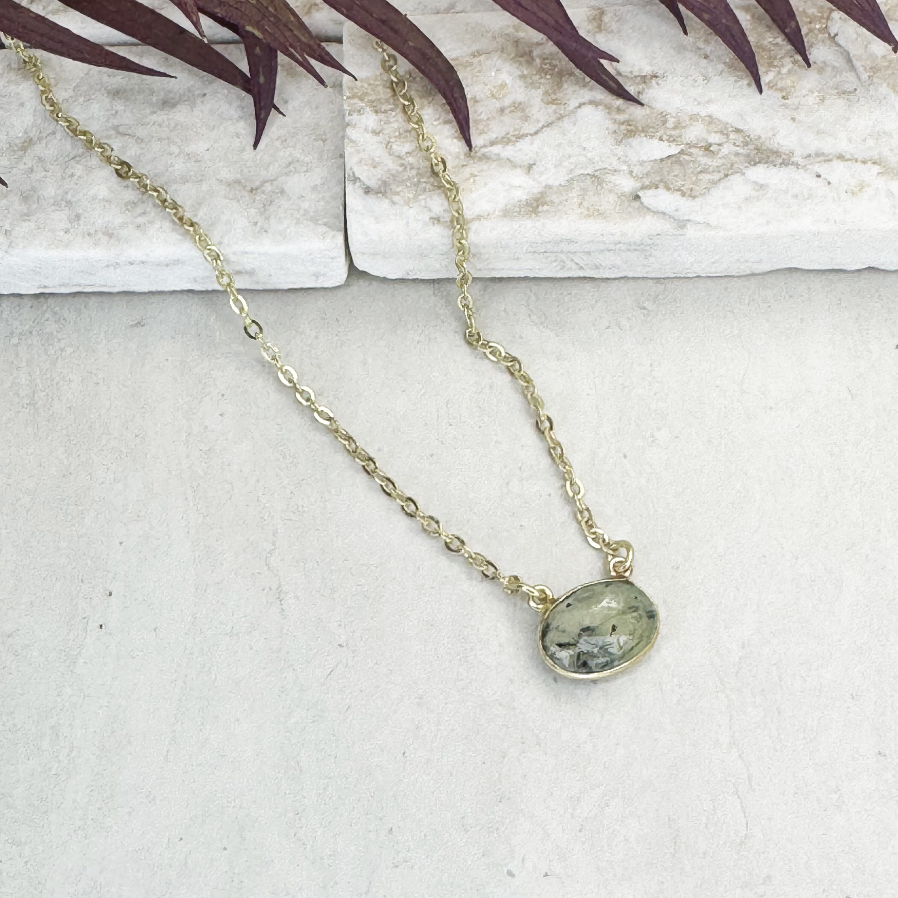 Gold Plated Necklace with Semi-Precious Stone - Prehnite
